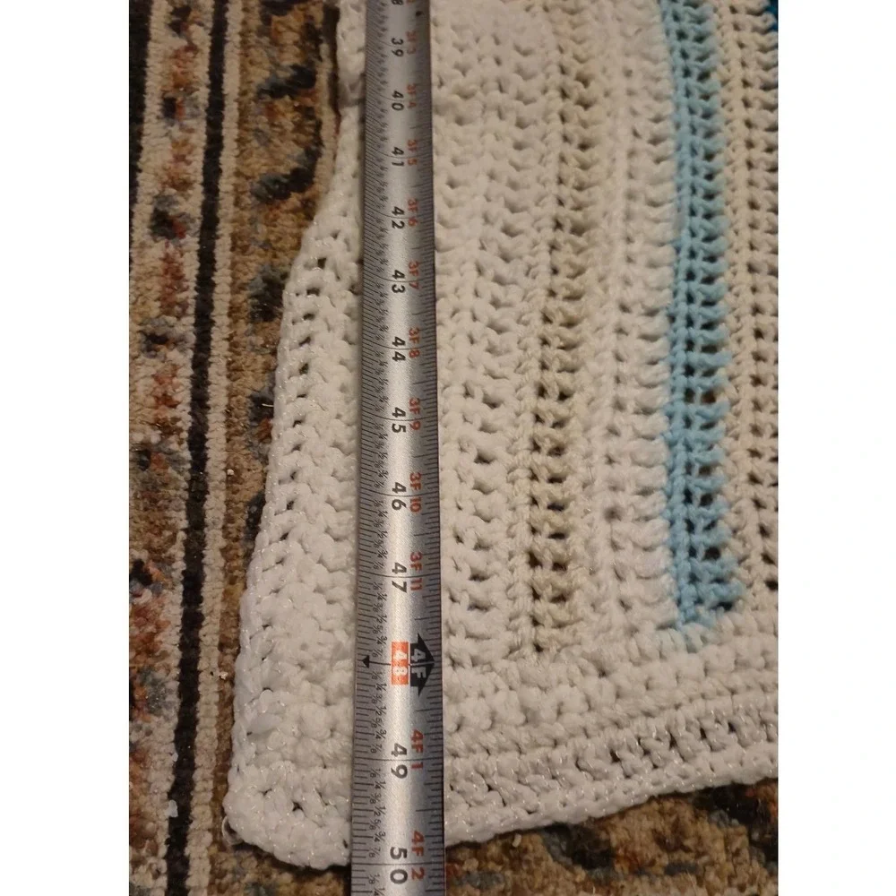 Vintage Handmade Crochet Throw Blanket Blue White Striped Afghan 49x32 Baby Lap‎